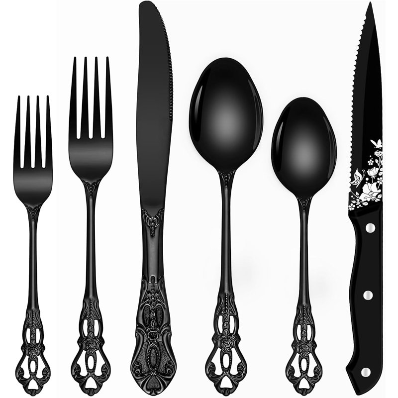 Ensemble de 48 couverts rétro avec ustensiles en acier inoxydable baroque poli pour 48, Noir, noir, noir, noir