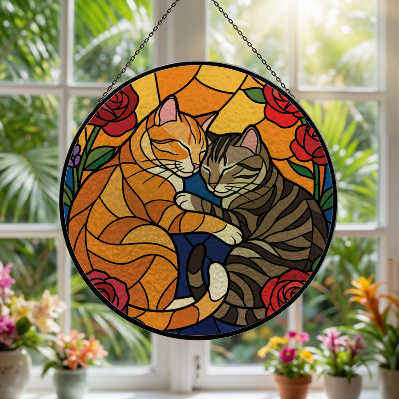 Panneau de vitrail 12 "H Cats Roses, H 7,8 po x l 7,8 po