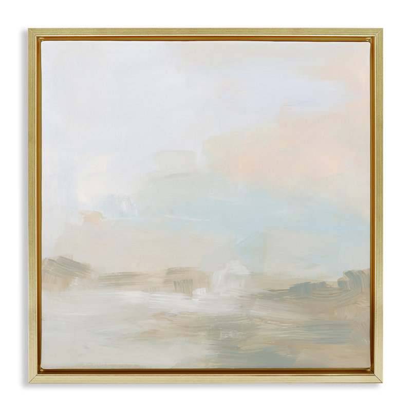 Abstrait paysage neutre moderne, Cadre flottant métallique doré, H 25 po x l 25 po