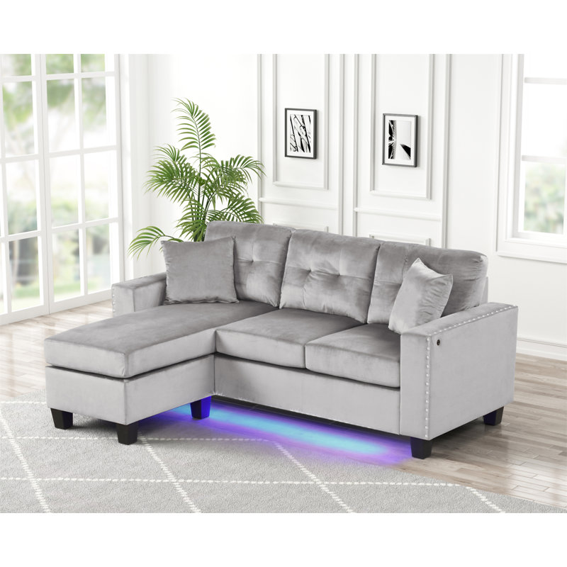 Sorenza 74"W Gray Velvet Reversible Sectional Sofa Chaise With LED Light, Gray Velvet