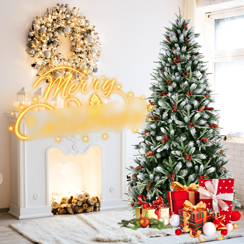 Arbre de Noël de 4 pi avec 747 pointes, baies rouges décorées et pin naturel, branches enneigées en PE +, conception à charnières à installation rapide et facile, support en métal fiable et givré Pe +