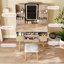 Bureau de coiffeuse à 4 tiroirs avec miroir à DEL et détails sculptés, table de maquillage cannelée avec pieds en métal et tabouret en polyuréthane, coiffeuse sculptée avec rangement pour bijoux pour la chambre à coucher