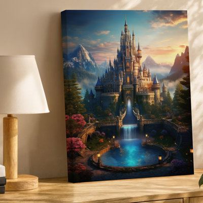 Canvas A Majestic Fantasy Castle Rises Dramatically Against A Backdrop Of Wall Art Towering Mountains Bathed In The Warm Glow Of A Canvas Wall Art