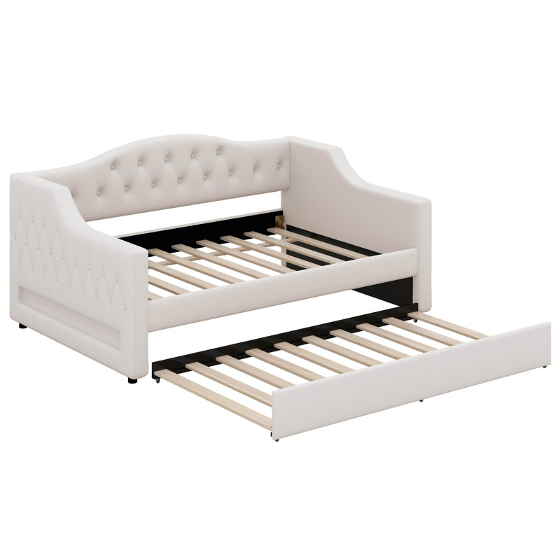 Upholstered Daybed, Sofa Bed With LED Belt And 2 Drawers, Linen Tufted Day Bed For Living Room, Bedroom, Beige, Full XL