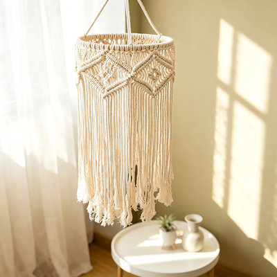 Bohemian Handwoven Cotton Macrame Pendant Light Shade with Fringe Tassels, for Bedroom Living Room