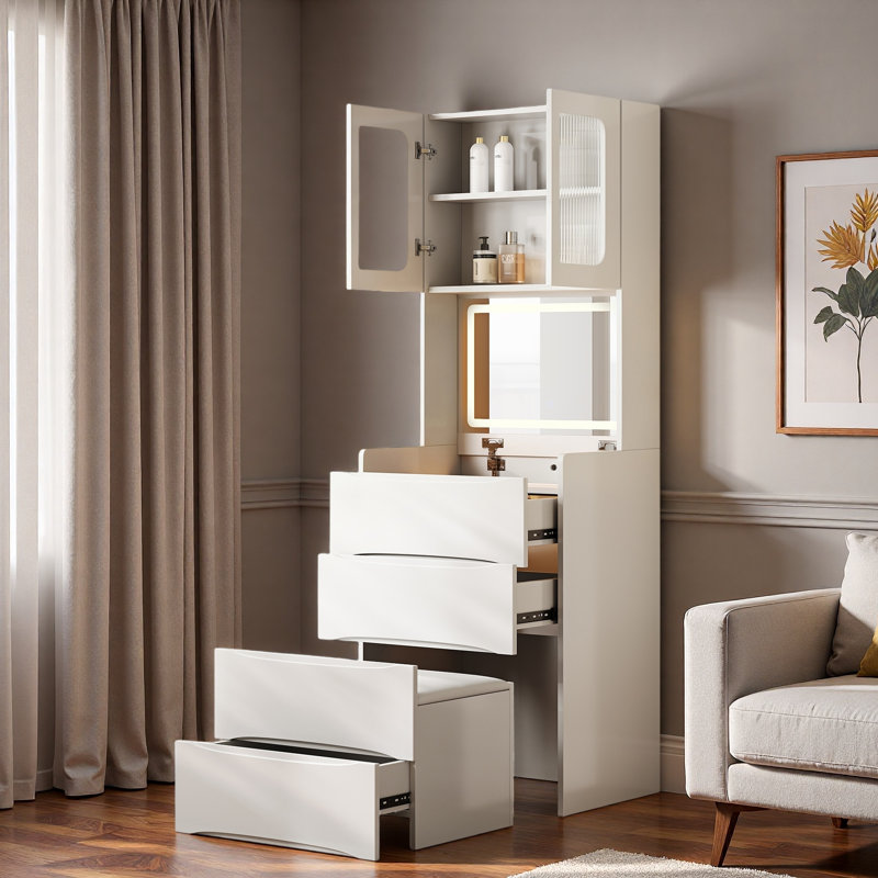 3-in-1 Vanity Table With Led Mirror,  Drawers, Flip-top Compartment And Storage Stool