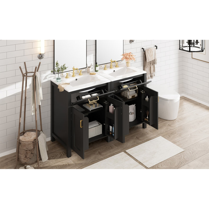 Meuble-lavabo moderne de 48 pouces avec lavabo en céramique, portes à fermeture en douceur, tiroir rabattable, tablettes de porte à double couche, solution de rangement élégante