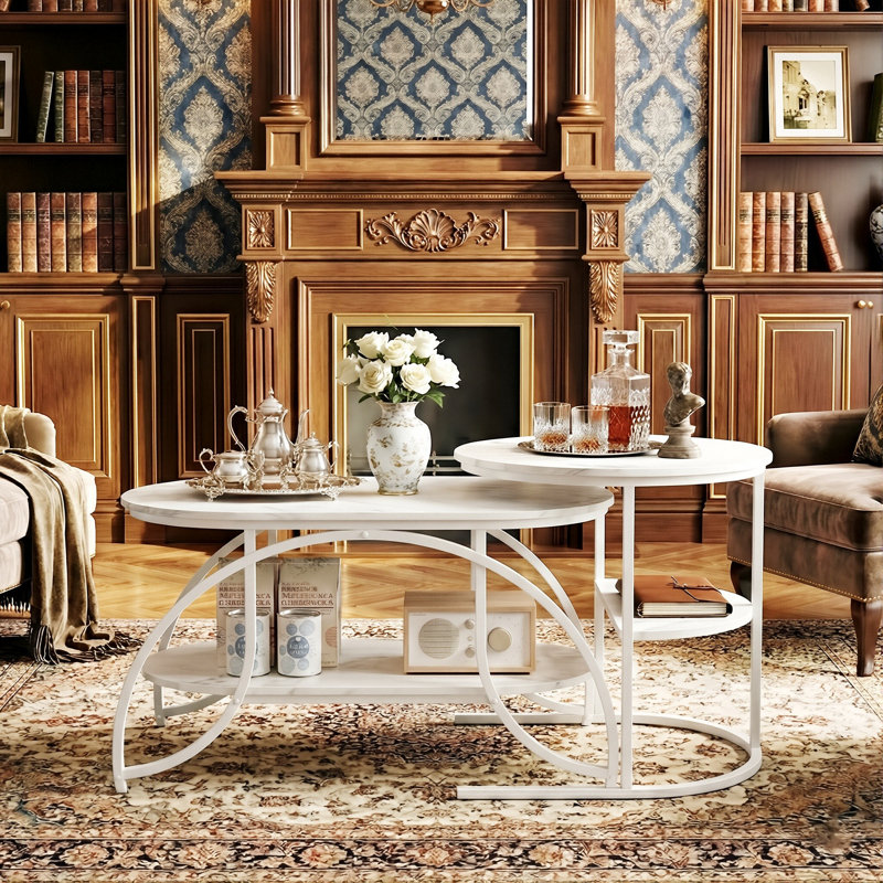 Oval & Round Nesting Coffee Tables (80+52Cm), High-Low Marble Effect Duo With 4-Tier Storage, Silver