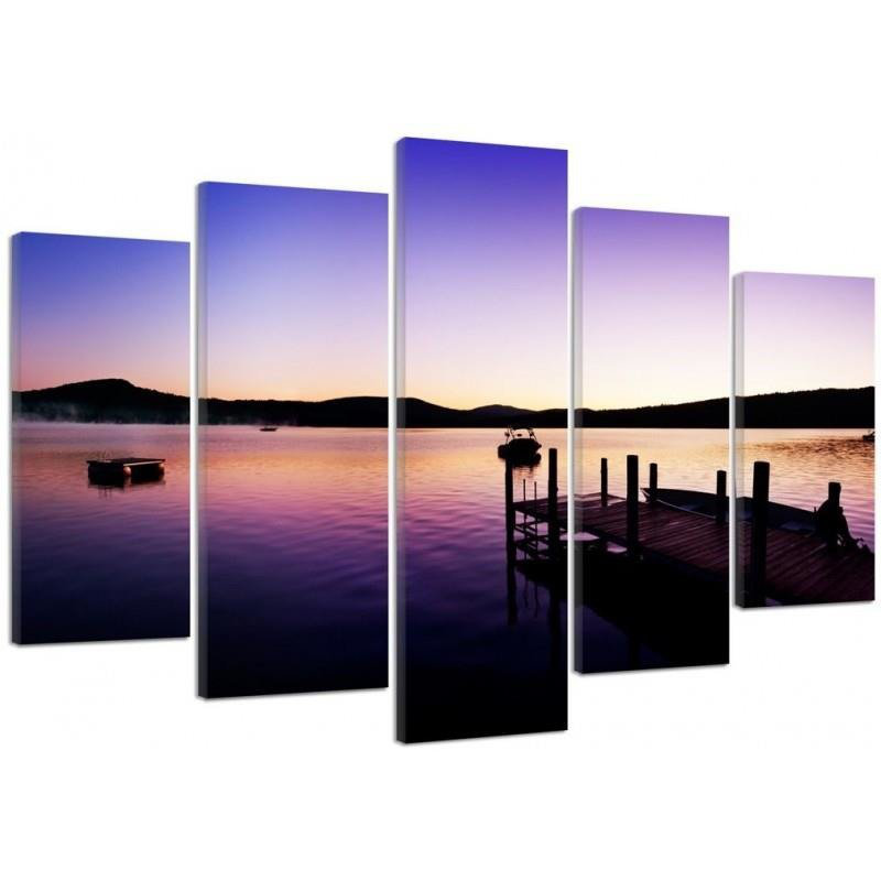 Violet Sunset Bridge - 5 Piece No Frame Print on Canvas, 100cm H x 200cm W