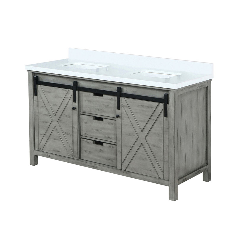 Meuble-lavabo double l 60 po x P 22 po, comptoir en quartz gris cendré et blanc, bois massif, fermeture en douceur, égratignure et teinture, nombreuses possibilités de rangement