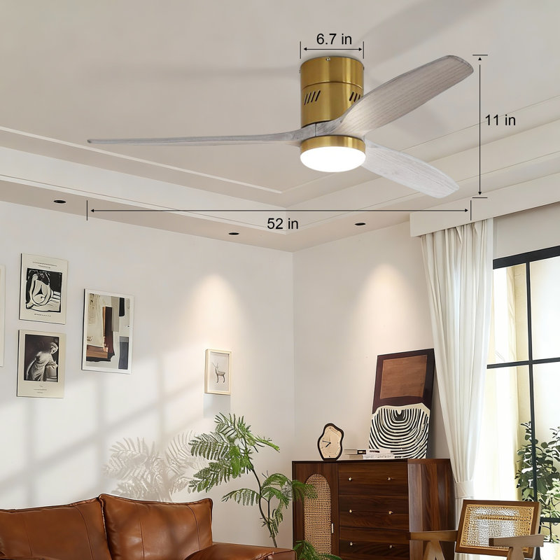 Ryme 52 In. Gold White Flush Mount Standard Ceiling Fan With Integrated LED With Remote Included DC Motor Reversible, Gold
