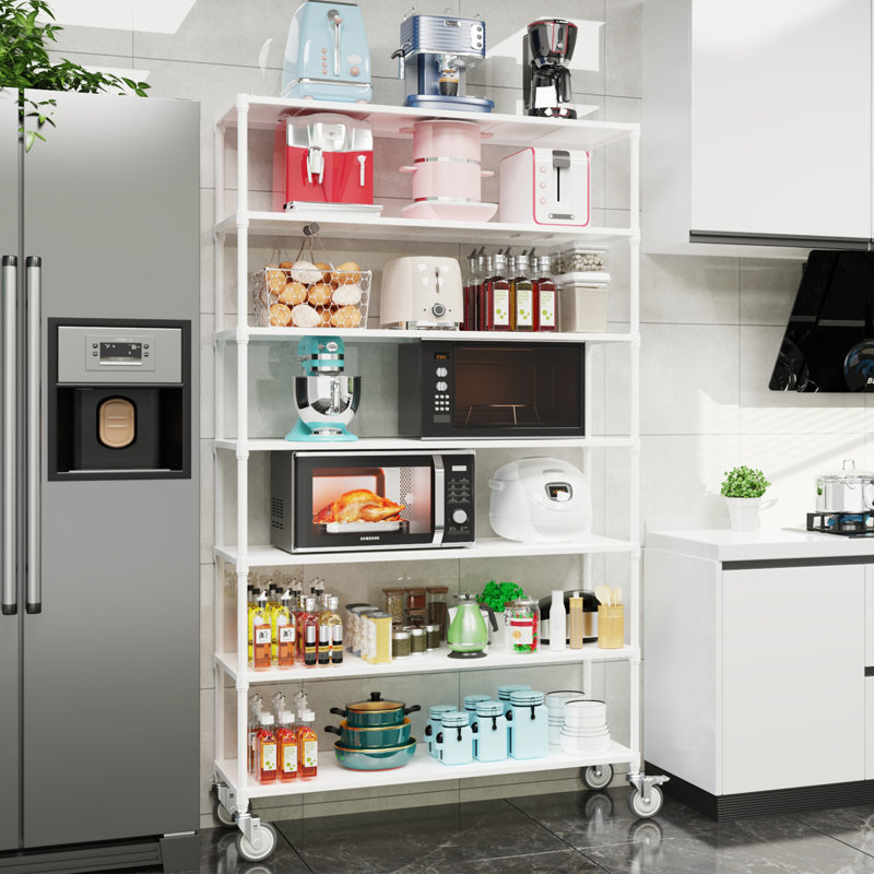 Nergiz 84.25" H x 47.25" W x 17.72" D Height - Adjustable 7-Tier Steel Shelving Unit with Wheels, White