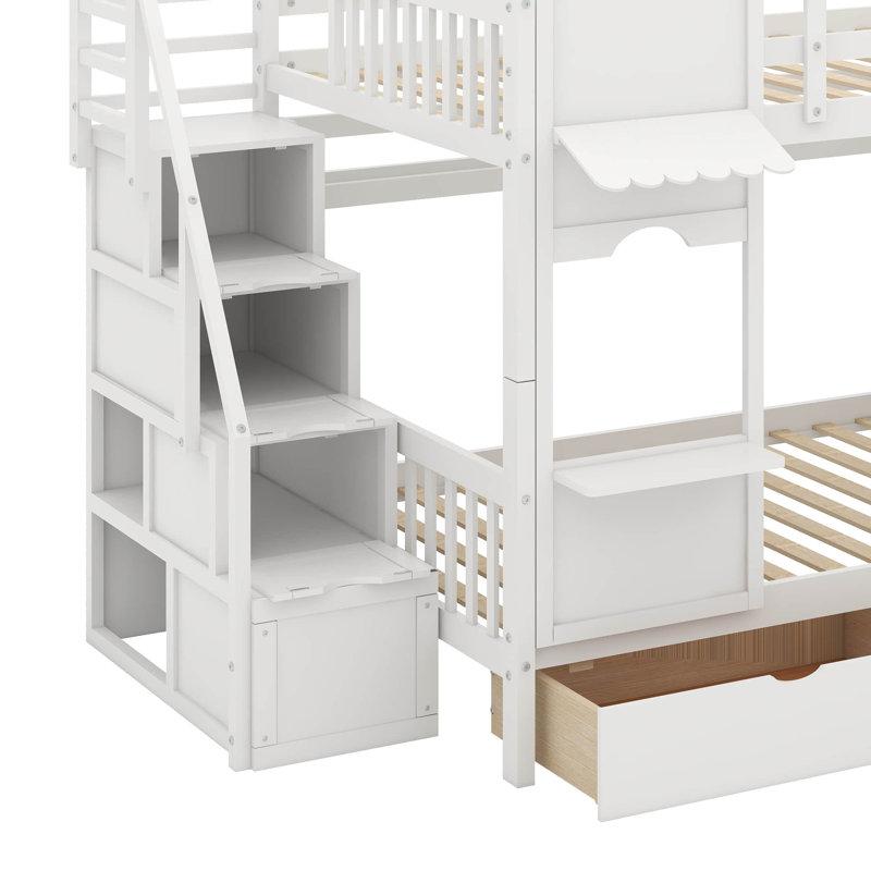 Lit superposé de style château double avec tiroirs, tablettes et glissoire, Lit superposé double sur double, Blanc