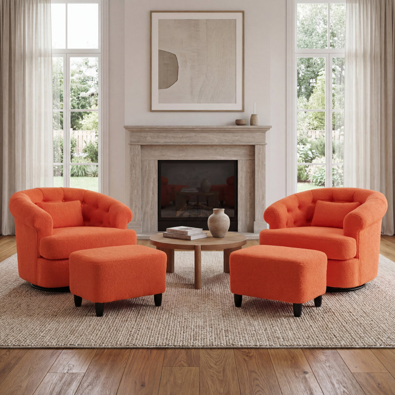 Ensemble de chaises pivotantes demi-tonneau avec repose-pieds rembourré et capitonné (ensemble de 2), Orange, Matte Black