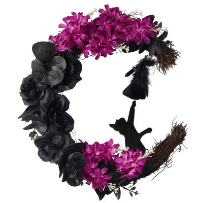 Halloween Black Moon Wreath with Black Cat Grapevine