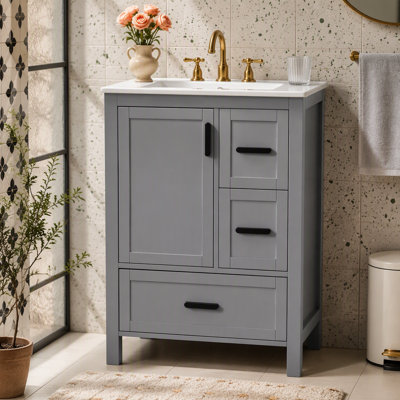 Meuble-lavabo moderne de 24 po avec lavabo en céramique, porte à fermeture en douceur, tablette de porte à double couche et 3 tiroirs