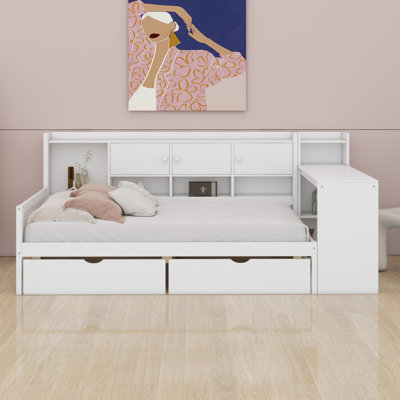 Wooden L-Shape Daybed With Storage Cabinets And Storage Drawers,Multi-Functional Bed With Study Desk