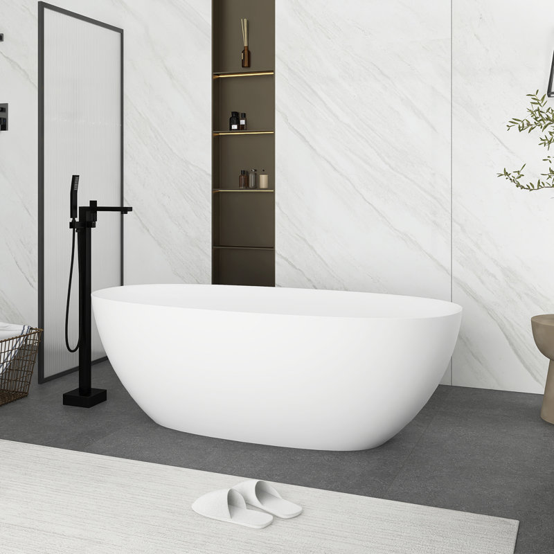 65'' Matte White Freestanding Solid Surface Soaking Bathtub