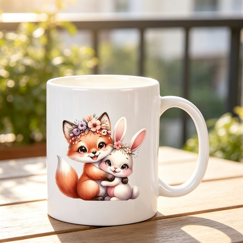 Charming Fox & Rabbit Ceramic Coffee Mug - Adorable Animal Design, Reusable & Hand-Wash Only - Perfect Gift for Coffee Lovers.