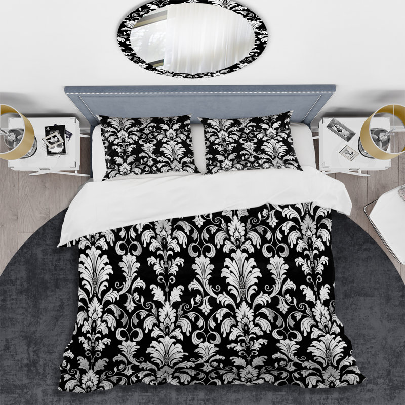 Ensemble de housse de couette transitionnel noir et blanc damassé Glamour III