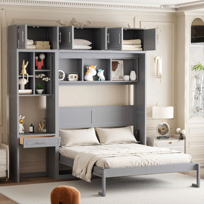 Grand lit escamotable mural avec bureau, armoire supérieure et tablettes de rangement, lit pliable peu encombrant