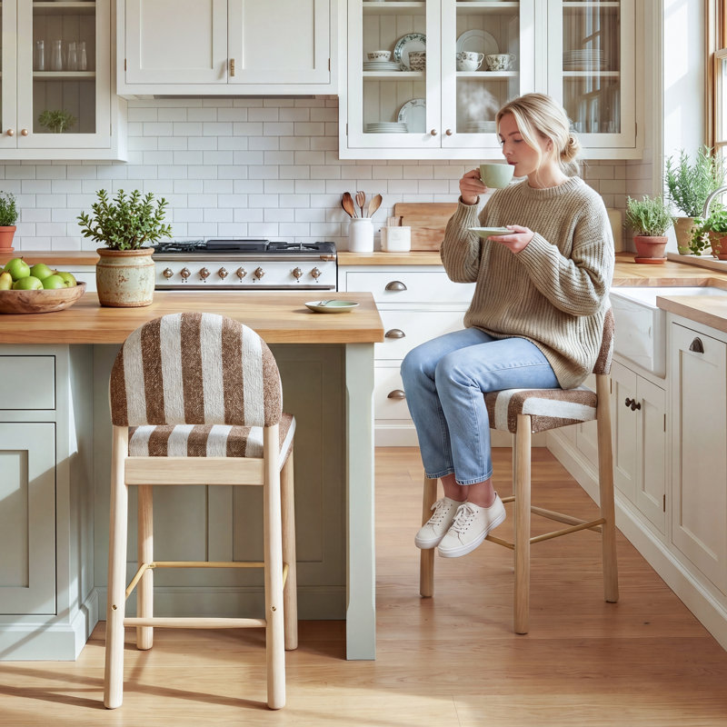 Tabouret de comptoir revêtu de lin 26,4 po Hyland, Brun / Blanc, Naturel