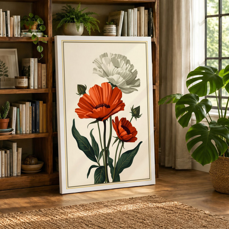 Three Gerbera Bloom Botanical - Wrapped Canvas, 36x24 - 91.4 x 61.0 cm, Teal Border