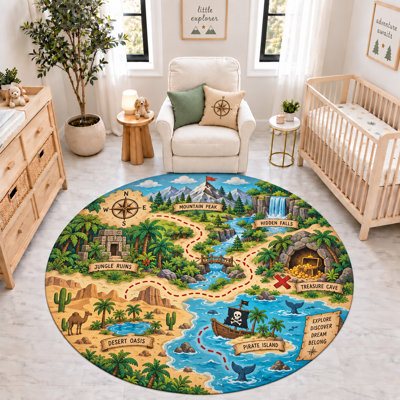 Tapis rond « Ultra Fin » 183 x 183 cm, motif carte au trésor, tapis d'intérieur doux à poils courts avec envers antidérapant en silicone, idéal pour la chambre d'enfant, la chambre de bébé et la salle de jeux.