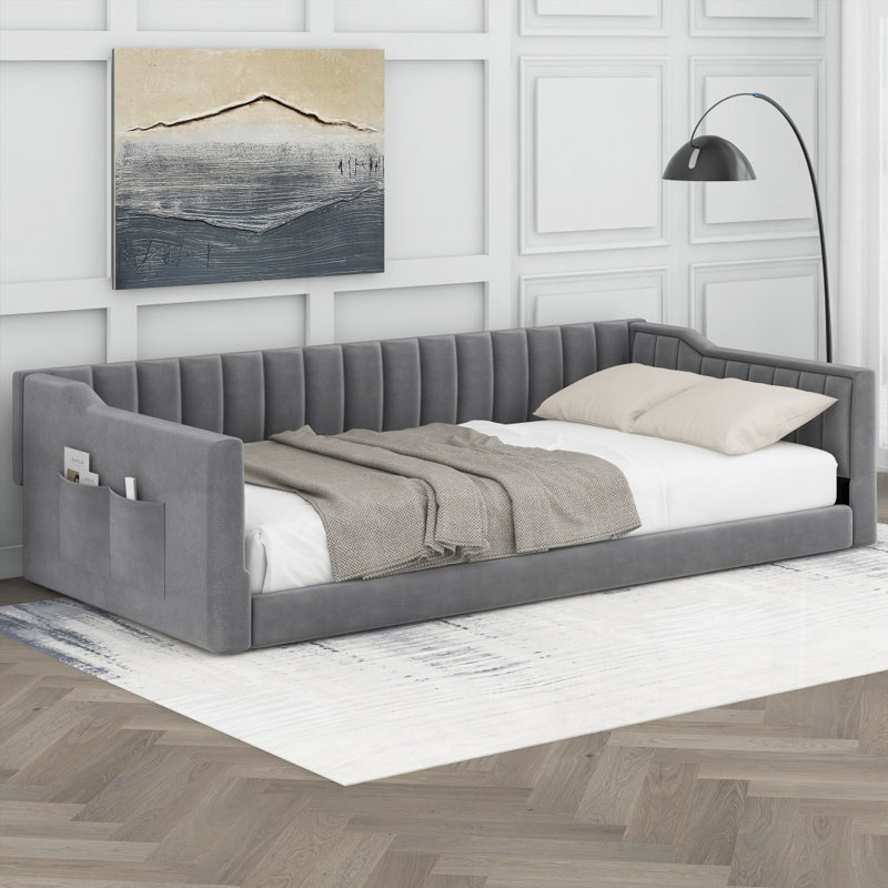 Twin XL Size Upholstered Daybed with Side Storage Pocket - No Box Spring Needed, Gray, Gray, Twin