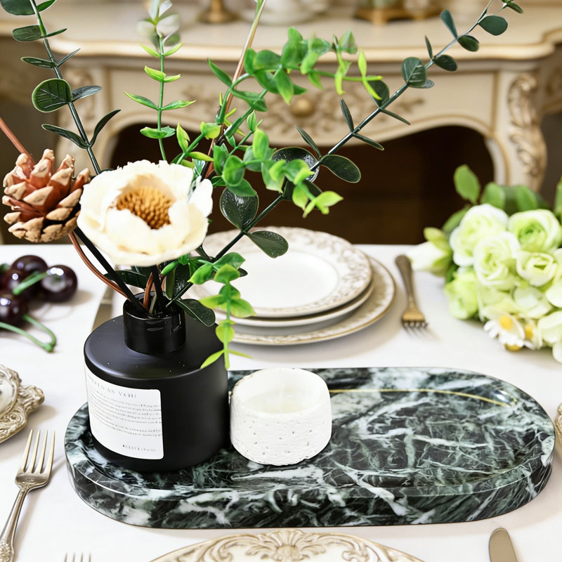 Plateau décoratif en marbre naturel pour meuble-lavabo, salle de bain et rangement de comptoir de cuisine | Organisateur de pierre fabriqué à la main pour bijoux, parfums et bougies