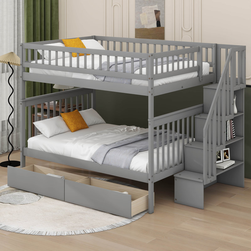 Lit superposé double au-dessus de double avec deux tiroirs et rangement, Gris