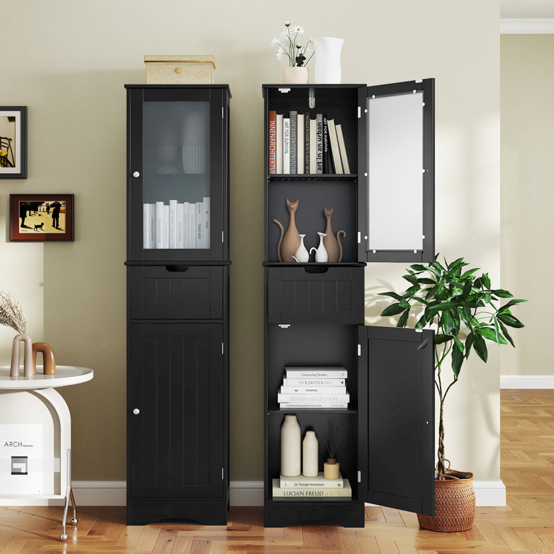 Tall Bathroom Storage Cabinet, Narrow Slim Linen Tower, Freestanding Floor Cabinet, Black