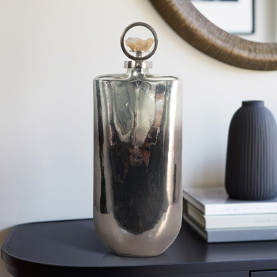 Decorative Jar with Blended Glass Body, Metal Frame, Natural Stone Detail, and Aluminum Accents for Modern Style Combining Artisanal Texture and Sleek Industrial-Inspired Design Elements