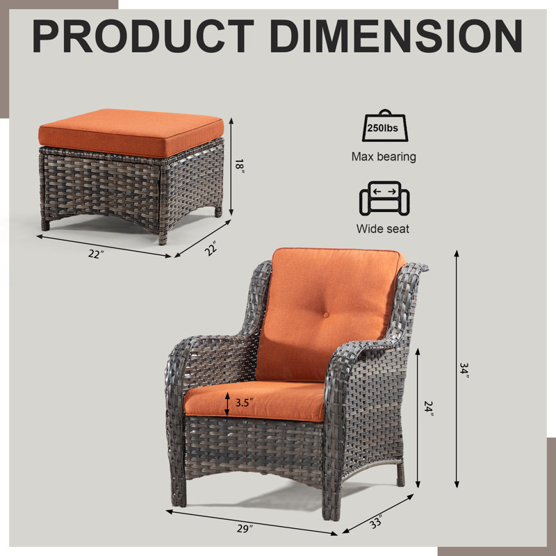 Ensemble de conversation en osier pour 4 personnes avec coussins et repose-pieds, Orange