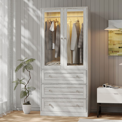 Wardrobe Closet With Drawers And Light, 75" Armoire  With Hanging Rod, 2 Doors Wooden Wardrobe Cabinet For Bedroom by Ebern Designs