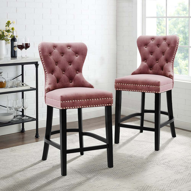 Hanska Upholstered Counter Stool with Solid Wood Frame, Pink