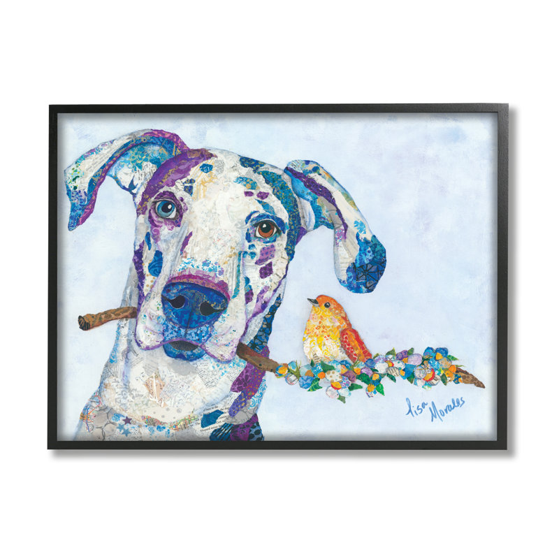 «Dane and Songbird Perched Branch Floral Dog Collage» par Lisa Morales - peinture à cadre flottant sur toile