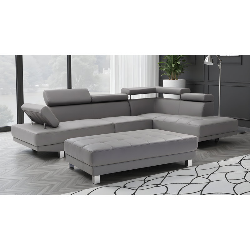 Farranshane White Faux Leather Sectional with Ottoman, Gray