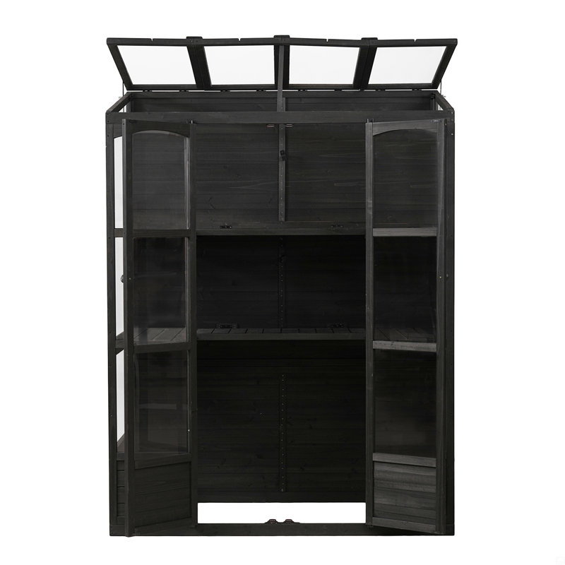 Wooden Greenhouse Cold Frame with 4 Independent Skylights and 2 Folding Middle Shelves, Walk-in Outdoor Greenhouse, Black