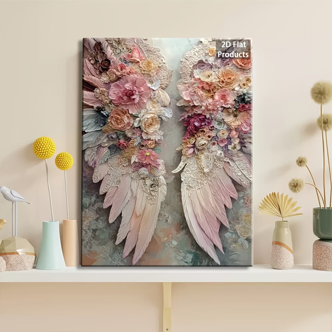 60*40,D Flat A Stunning 2D Flat Artwork Featuring A Single Piece Of Framed Angel Wings Crafted From Flowers.