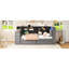 Lit plateforme simple en bois, avec tête de lit tapissier, rangement multiple, charge, bureau à DEL et encastré, station de recharge en bois de couleur grise, lumières, aspect ombragé-257682234