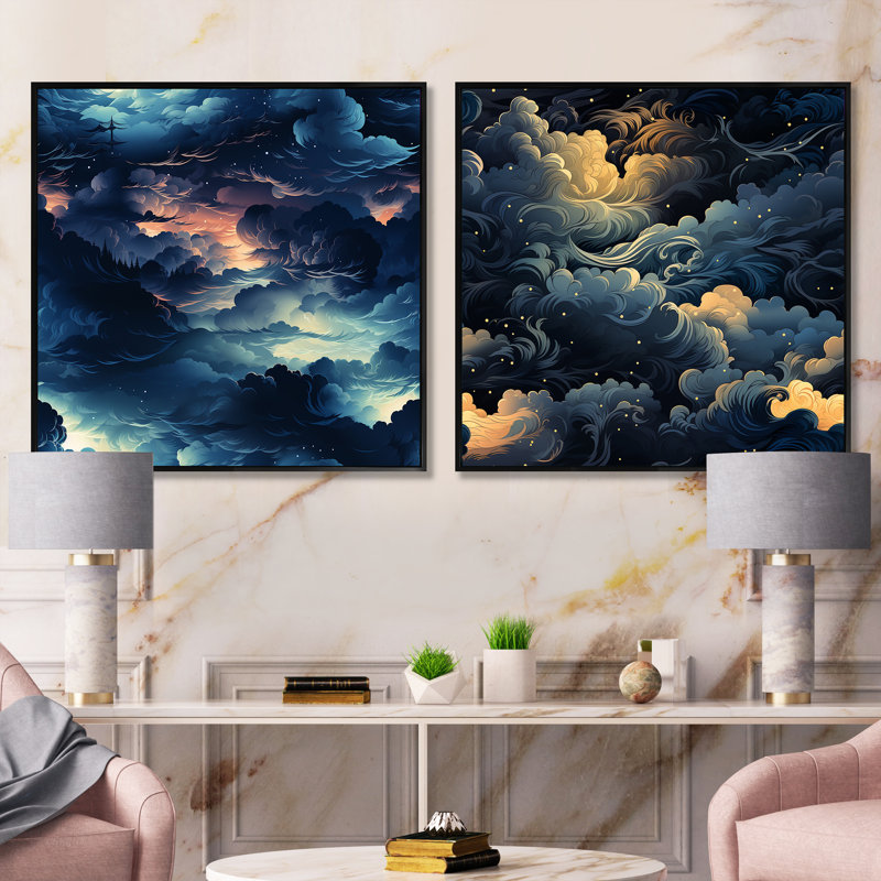 Noir Skies Moody Patterns - Ensemble de 2 collages carrés abstraits, Cadre flottant noir, H 16 po x l 33 po