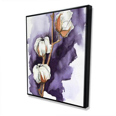 Fleurs de coton sur fond mauve | Toile grise décorative encadrée