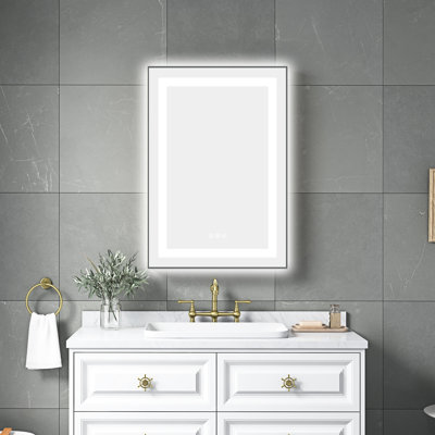 Miroir de salle de bain mural 20 po x 32 po à DEL, 3 couleurs, - brouillard, gradation continue, mémoire, cadre en aluminium, frêne