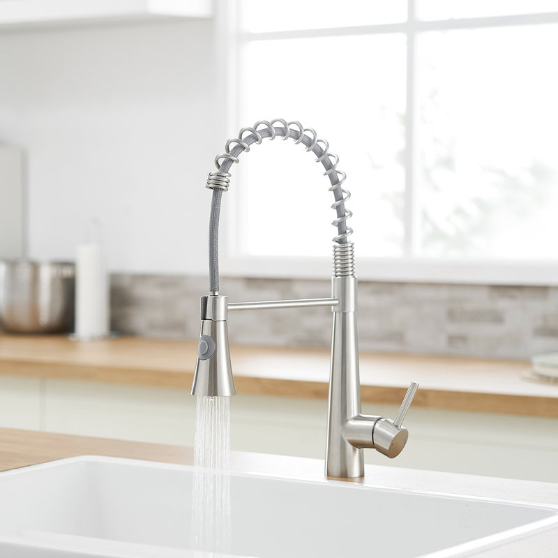 Commercial Kitchen Faucet With Brushed Nickel Pull Out Spray - Stable Performance Modern Sink Stream And Modes, Silver