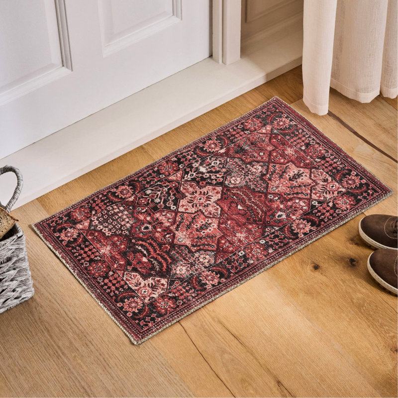2 pi Tapis rouge X 3, à motif de panneaux, et approuvé par les animaux de compagnie, avec motif de tapis majestueux, doux et teinté, envers 100% jute, convient aux endroits très passants