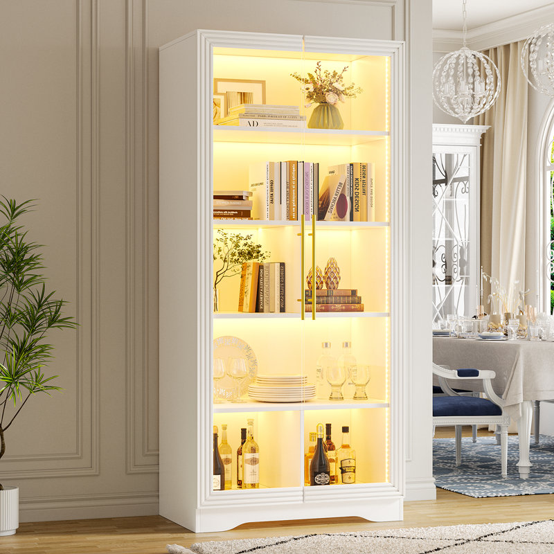 65" 5-tier Office Storage Cabinet, Glass Display Cabinet With Three-color Led Strip And Sensor, White