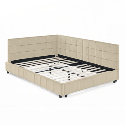 L-shape Corner Bed Frame Velvet Tufted Daybed