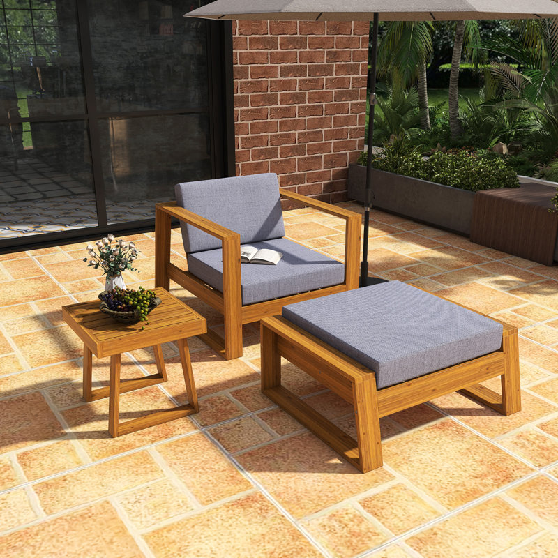 Outdoor Acacia Wood Sofa Set With Ottoman And Table, Gray