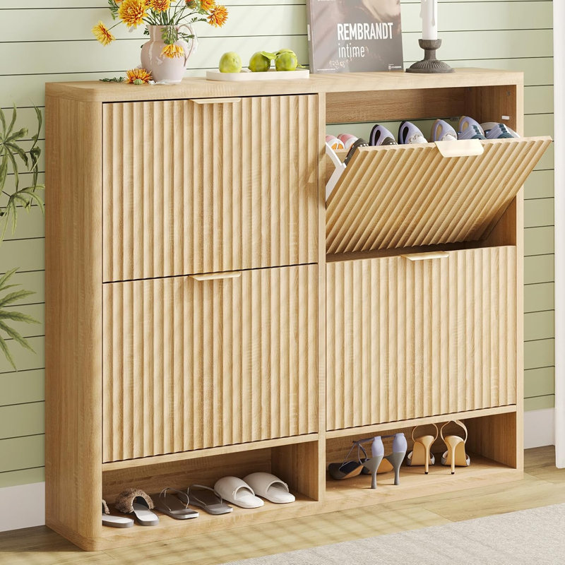 Fluted Shoe Storage Cabinet For Entryway With 4 Flip Drawers,Wooden Enclosed Thin Todorka With Metal Handles And Anti Tipping Devicesuitable For Living Rooms,Entrances